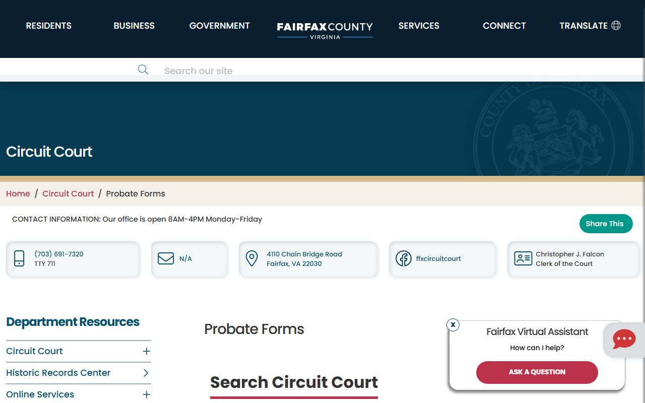 Fairfax County Virginia probate court records and forms