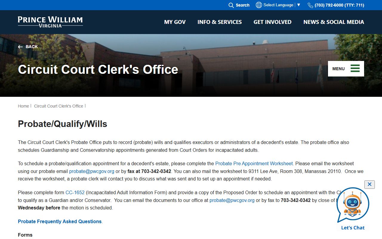 Prince William County Virginia probate court records and qualification page