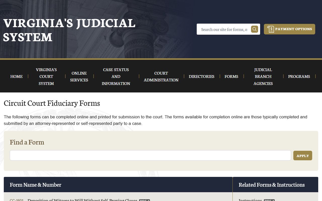 Virginia Circuit Court fiduciary forms for probate court records
